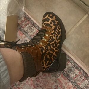 Michael Kors Leopard and Brown Combat Boots